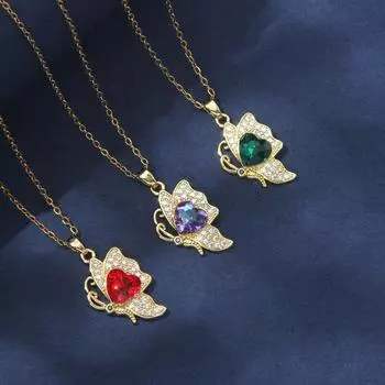 Ожерелье из титановой стали с медной микроинкрустацией цирконом и бабочкой