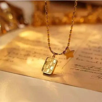 Ожерелье из титановой стали с ветровым покрытием, кулон в виде шахматной доски с золотым клыком 18 карат