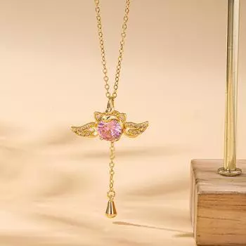 Ожерелье из титановой стали Сердце Купидона , женское, с кулоном в виде сердца с цирконом и подвижными крыльями