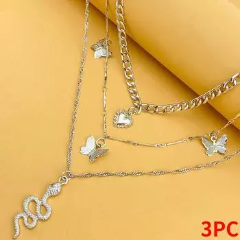 Ожерелье из трех частей в виде змеи, богемное женское ожерелье, ожерелье с подвеской в виде змеи, трехслойное ожерелье с толстой цепочкой серебряный