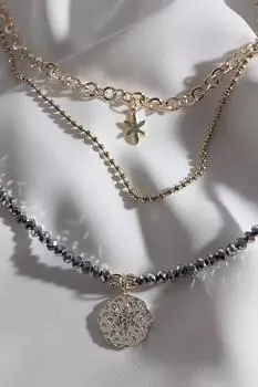 Ожерелье из трех частей золотого цвета с серым хрустальным камнем