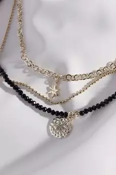 Ожерелье из трех частей золотого цвета с черным хрустальным камнем