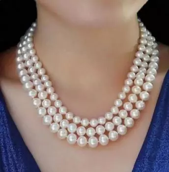 Ожерелье из трех нитей 8-10 мм круглого белого жемчуга 18-20 дюймов