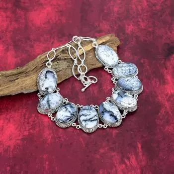 Ожерелье из твердого серебра 925 пробы с дендритом и опалом с регулируемой цепочкой, ювелирное ожерелье ручной работы из драгоценных камней, подарок на день рождения Adjustable with 18 inches белый