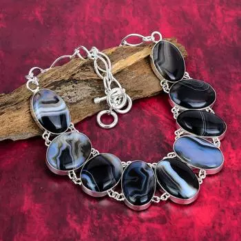 Ожерелье из твердого серебра 925 пробы с агатом и регулируемой цепочкой, ювелирное ожерелье ручной работы из драгоценных камней на День памяти Adjustable with 18 inches чёрный