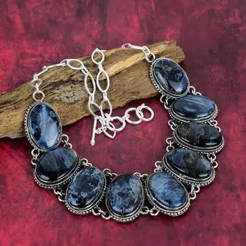 Ожерелье из твердого серебра 925 пробы Pietersite с регулируемой цепочкой, ювелирное ожерелье ручной работы из драгоценных камней на День памяти Adjustable with 18 inches синий