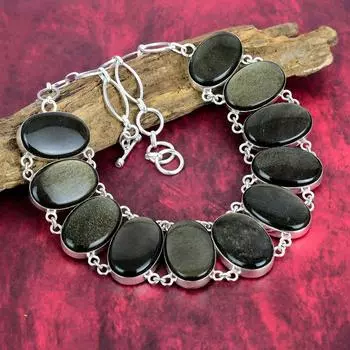 Ожерелье из твердого серебра 925 пробы с золотым блеском и обсидианом, очень красивые ювелирные изделия из драгоценных камней, регулируемое ожерелье-цепочка ручной работы Adjustable with 18 inches золотистый