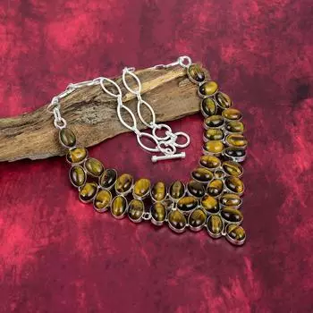 Ожерелье из твердого стерлингового серебра 925 пробы с тигровым глазом, регулируемое ожерелье-цепочка, драгоценный камень ручной работы, подарок для мамы, антикварные ювелирные изделия Adjustable With 18 Inches жёлтый