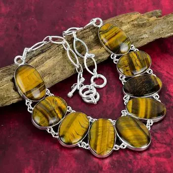 Ожерелье из твердого стерлингового серебра 925 пробы с тигровым глазом, регулируемое ожерелье-цепочка, драгоценный камень ручной работы, подарок для мамы, антикварные ювелирные изделия Adjustable with 18 inches жёлтый