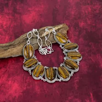 Ожерелье из твердого стерлингового серебра 925 пробы с тигровым глазом, регулируемое ожерелье-цепочка, драгоценный камень ручной работы, подарок для мамы, антикварные ювелирные изделия Adjustable with 18 inches жёлтый