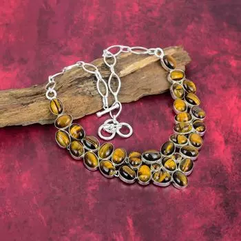 Ожерелье из твердого стерлингового серебра 925 пробы с тигровым глазом, регулируемое ожерелье-цепочка, драгоценный камень ручной работы, подарок для мамы, антикварные ювелирные изделия Adjustable With 18 Inches жёлтый