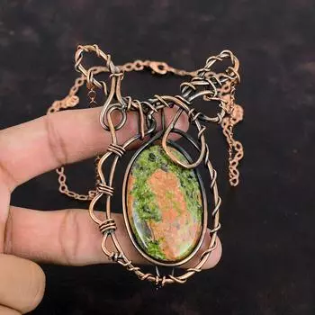 Ожерелье из унакита, ювелирные изделия из медной проволоки, регулируемое ожерелье-цепочка, ожерелье ручной работы, ожерелье из медной проволоки, обернутое драгоценным камнем, подарки для мамы