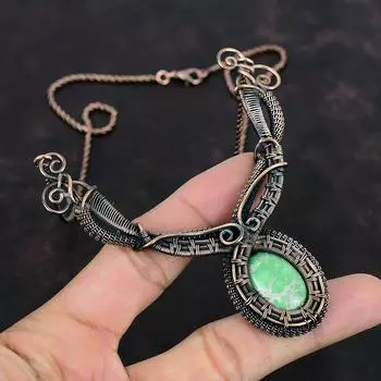 Ожерелье из варисцита, обернутое медной проволокой, ожерелье из натуральных драгоценных камней, уникальное ожерелье ручной работы, медные украшения из варисцита, подарки на годовщину