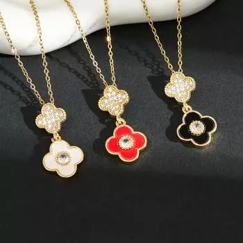 Ожерелье из высококачественной титановой стали с четырьмя листами клевера, роскошная подвеска с бриллиантами, цепочка Lockbone, ювелирное женское ожерелье чёрный