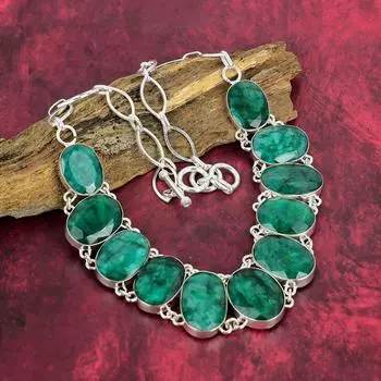 Ожерелье из замбийского изумруда, ожерелье из стерлингового серебра 925 пробы, ювелирные изделия из замбийских изумрудов, ювелирное ожерелье ручной работы с регулируемой цепочкой Adjustable with 18 inches зелёный