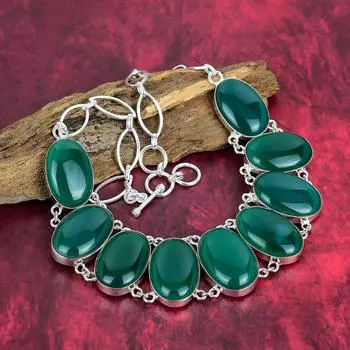 Ожерелье из зеленого оникса Ювелирные изделия ручной работы из драгоценных камней, ожерелье из стерлингового серебра 925 пробы, ювелирные изделия уникального дизайна, регулируемое ожерелье-цепочка Adjustable with 18 inches зелёный