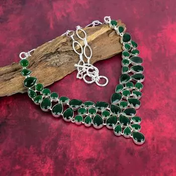 Ожерелье из зеленого оникса Ювелирные изделия ручной работы из драгоценных камней, ожерелье из стерлингового серебра 925 пробы, ювелирные изделия уникального дизайна, регулируемое ожерелье-цепочка Adjustable With 18 Inches зелёный
