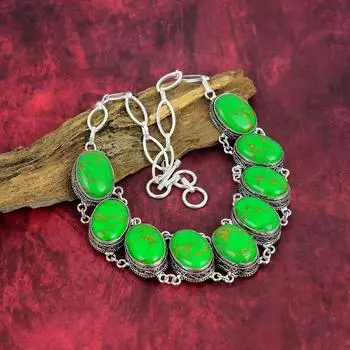 Ожерелье из зеленой меди и бирюзы, ювелирные изделия из серебра 925 пробы с драгоценными камнями, ожерелье ручной работы, потрясающие ювелирные изделия, подарок для нее Adjustable With 18 Inches зелёный