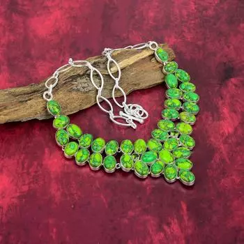 Ожерелье из зеленой меди и бирюзы, ювелирные изделия из серебра 925 пробы с драгоценными камнями, ожерелье ручной работы, потрясающие ювелирные изделия, подарок для нее Adjustable With 18 Inches зелёный