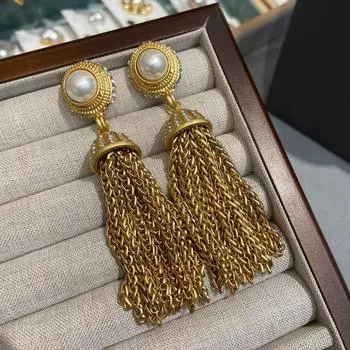 Ожерелье из жемчуга с бахромой из настоящего золота с медным покрытием, серьги, комплект в стиле ретро, жемчужное ожерелье Shijia, цепочка для свитера
