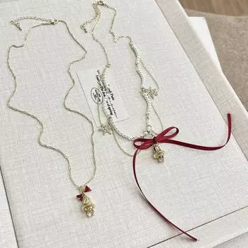 «Ожерелье из жемчуга с кисточками и бантом в виде снежинки — уникальная осенне-зимняя цепочка на ключицу, идеально подходит для Рождества» Simple Necklace красный