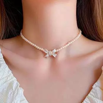 Ожерелье из жемчуга в стиле ретро, универсальная цепочка-бантик с небольшим ароматом на ключицу. белый