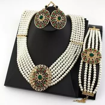 Ожерелье из жемчуга золотого цвета с браслетом-серьгой для женщин, свадебные наборы ювелирных украшений зелёный