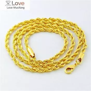 Ожерелье из золота 24 карат в стиле хип-хоп, 3 мм витая веревка, скрученное гальваническое золотое ожерелье для мужчин и женщин, свадебные украшения, подарки 50cm