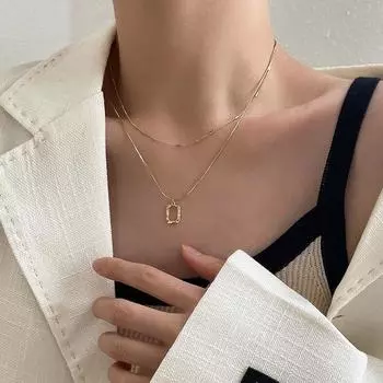 Ожерелье квадратное геометрическое двухслойное ожерелье женское нишевое дизайн премиум ключичная цепочка подарок