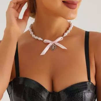 Ожерелье Love Cross с имитацией жемчуга и бусинами, французское ожерелье с бантом из ленты