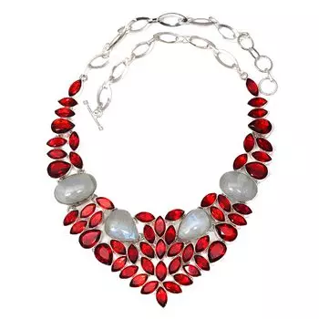 Ожерелье Лунный камень Кабошон Гранат Драгоценные камни Ювелирные изделия 18-20