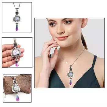 Ожерелье Лунный камень Подарочный Радужный Ювелирный Кулон Драгоценный Камень 18