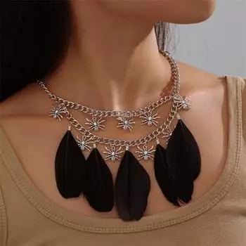 Ожерелье на Хэллоуин для женщин с черным пером и кисточкой, подвеска в виде черепа и паука, двухслойная цепочка, украшения для вечеринок