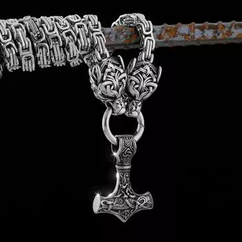 Ожерелье Nordic Viking с головой волка и подвеской в виде молота Тора, изготовлено из нержавеющей стали 316L с серебряной отделкой. 50cm серебряный