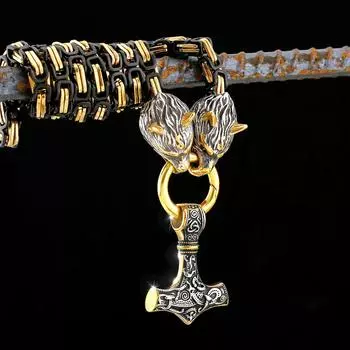 Ожерелье Nordic Viking с головой волка и подвеской в виде молота Тора из нержавеющей стали 316L с черно-золотой отделкой. 50CM золотой/чёрный