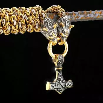 Ожерелье Nordic Viking с головой волка и подвеской в виде молота Тора из нержавеющей стали 316L с золотой отделкой, как для мужчин, так и для женщин. 50CM серебряный