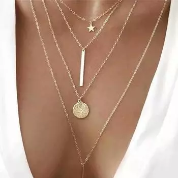 Ожерелье, новое модное индивидуальное ожерелье с пентаграммой, одно слово, диск из сплава, многослойное женское ожерелье золотой