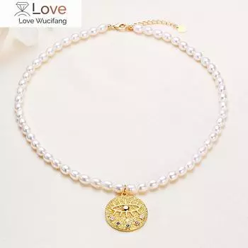 Ожерелье оптом Европа и Соединенные Штаты Ins Wind медный сплав монеты дьявольский глаз пресноводный жемчуг ключица цепочка ожерелье 45cm