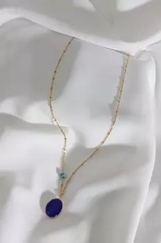 Ожерелье овального серебряного цвета с темно-синим эмалированным покрытием, подходящее для двустороннего использования