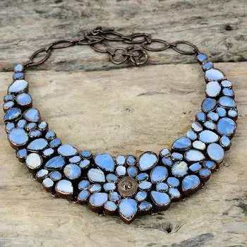 Ожерелье Owyhee с грубым синим опалом, медное ожерелье, изготовленное гальваническим методом, регулируемая цепочка, ожерелье ручной работы, ожерелье из драгоценных камней, медные украшения для подарка