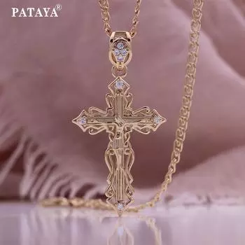 Ожерелье PATAYA из розового золота с белым искусственным цирконом и полым распятием