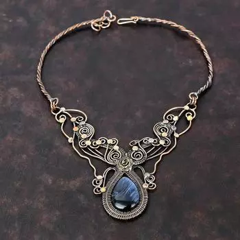 Ожерелье Pietersite, обернутое медной проволокой, ювелирное изделие, ожерелье из меди с драгоценными камнями, регулируемое ожерелье, ожерелье ручной работы, обернутое проволокой, подарок для невесты