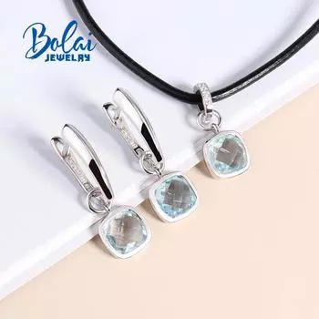 Ожерелье-подвеска из стерлингового серебра 925 пробы, серьги с оправой, простой дизайн с натуральным небесно-голубым топазом, драгоценный камень, изысканные украшения для девочек, хороший подарок