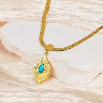 Ожерелье-подвеска Pass из титановой стали, натуральный сосновый камень, золотое перо, цепочка на ключицу из нержавеющей стали