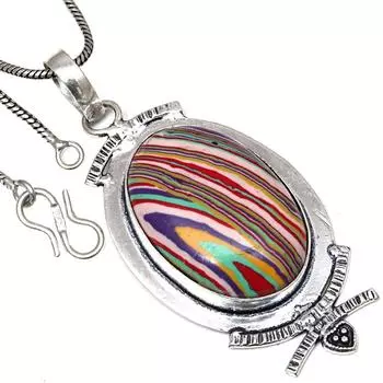 Ожерелье Радужный Калсилика Драгоценный Камень Ручной Работы Антикварные Серебряные Украшения 2.5