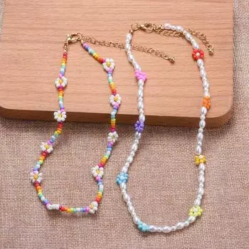 Ожерелье ручной работы из бисера в стиле бохо с двойным жемчугом, модная цветная цепочка с небольшой ромашкой и простым ветром на ключицу