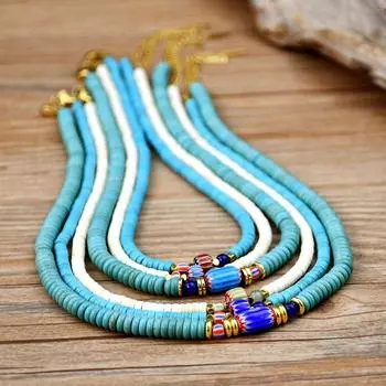 Ожерелье ручной работы из бисера в стиле ретро с бирюзовым колье в этническом стиле, аксессуары для женской универсальной длинной цепочки к свитеру