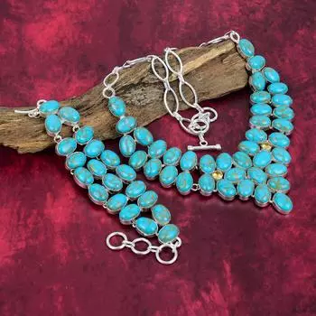 Ожерелье ручной работы из драгоценных камней с синей медью и бирюзой, браслет из цельного серебра 925 пробы, старинные ювелирные изделия, комплект украшений из браслета и ожерелья Adjustable With 8 -18 синий