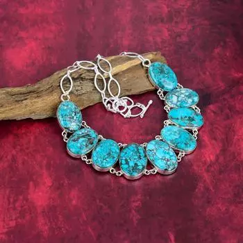 Ожерелье ручной работы из голубого бирюзового драгоценного камня, старинное ювелирное ожерелье из стерлингового серебра 925 пробы, для подарка на помолвку Adjustable with 18 inches синий