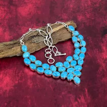 Ожерелье ручной работы из голубого бирюзового драгоценного камня, старинное ювелирное ожерелье из стерлингового серебра 925 пробы, для подарка на помолвку Adjustable With 18 Inches синий
